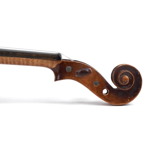 1433 - Old wooden violin and bow bearing a Stradivarius paper label to the interior, the violin back 16 1/4... 