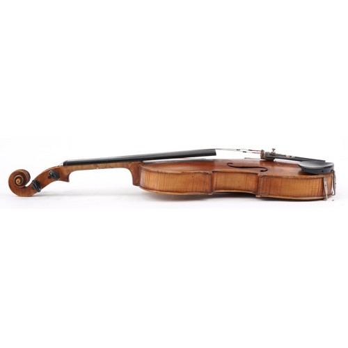 1434 - Old wooden violin with bow and protective carry case, the violin back 14.5 inches in length