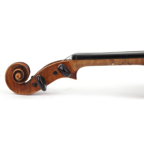 1434 - Old wooden violin with bow and protective carry case, the violin back 14.5 inches in length