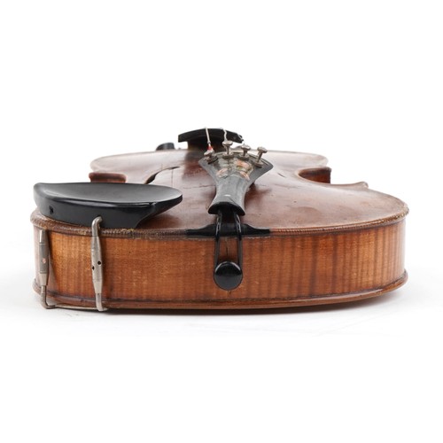 1434 - Old wooden violin with bow and protective carry case, the violin back 14.5 inches in length