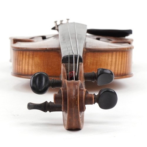 1434 - Old wooden violin with bow and protective carry case, the violin back 14.5 inches in length