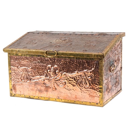 80 - Arta & Crafts copper, brass and wooden log box decorated with a stylized abstract pattern, 65cms x 3... 