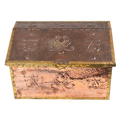 80 - Arta & Crafts copper, brass and wooden log box decorated with a stylized abstract pattern, 65cms x 3... 