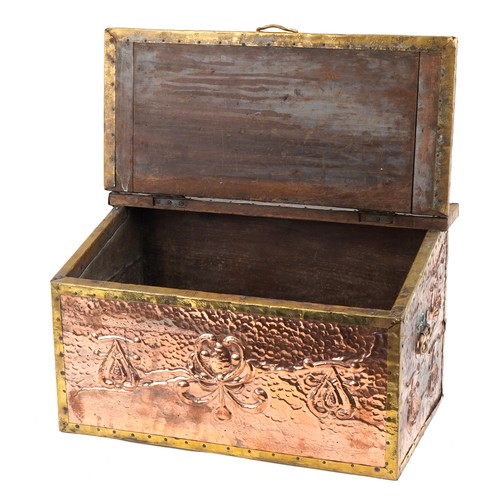 80 - Arta & Crafts copper, brass and wooden log box decorated with a stylized abstract pattern, 65cms x 3... 