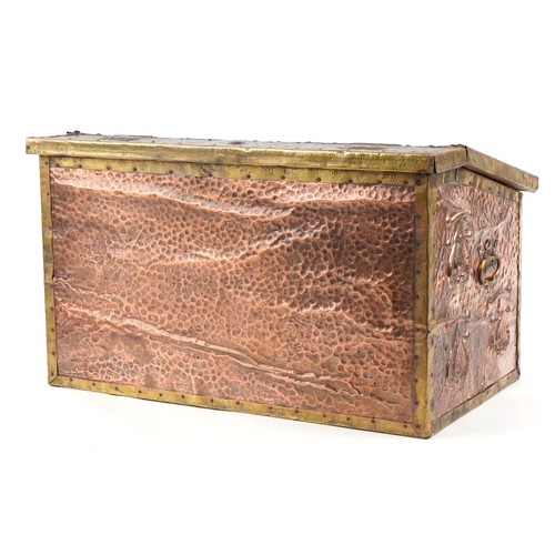 80 - Arta & Crafts copper, brass and wooden log box decorated with a stylized abstract pattern, 65cms x 3... 