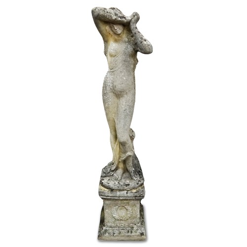 767 - 20th century cast composition stone  garden figure of a maiden, on a plinth base, H-115cm