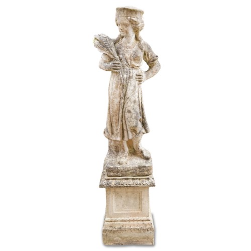 768 - 20th century cast composition stone garden figure of a woman holding wheat sheaf, on a plinth base, ... 