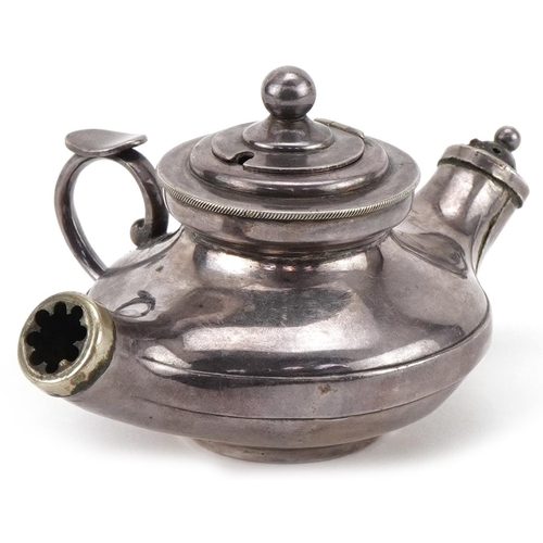 70 - Novelty silver plated three section cruet in the form of a Genie lamp, 12cm wide