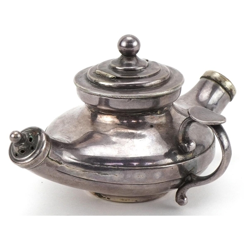 70 - Novelty silver plated three section cruet in the form of a Genie lamp, 12cm wide