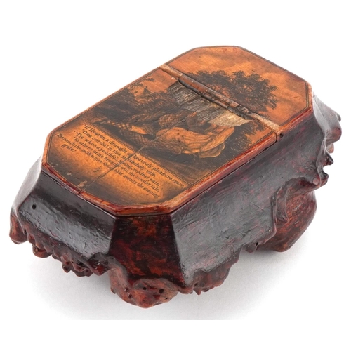 287 - 19th century root table snuff box with Mauchline type panel depicting a courting couple in a country... 