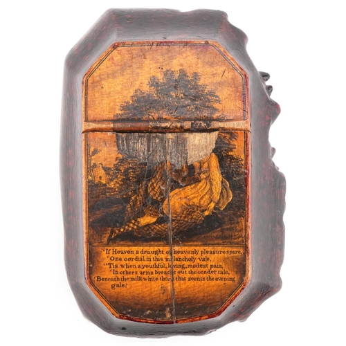 287 - 19th century root table snuff box with Mauchline type panel depicting a courting couple in a country... 