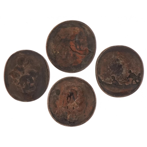 1398 - Japanese Shakudo oval plaques, 19th century, a group of four small copper mounts with figures within... 