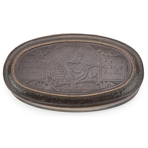 123 - 18th century Flemish oval brass tobacco box with engraved decoration, 14cm wide