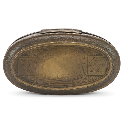 123 - 18th century Flemish oval brass tobacco box with engraved decoration, 14cm wide