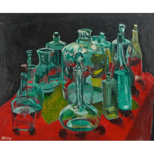 3464 - Manner of Bratby - Still life bottles on a table, Kitchen Sink school oil on board, framed, 58cm x 4... 