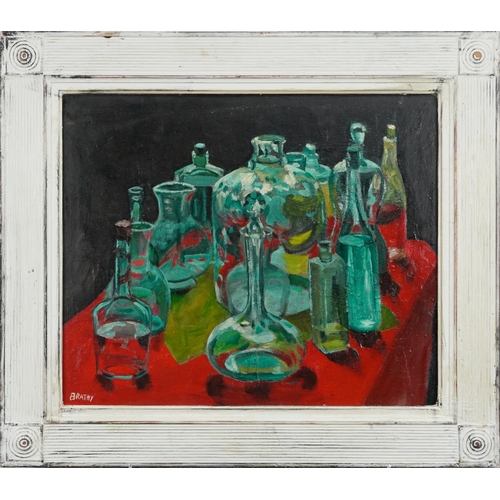 3464 - Manner of Bratby - Still life bottles on a table, Kitchen Sink school oil on board, framed, 58cm x 4... 