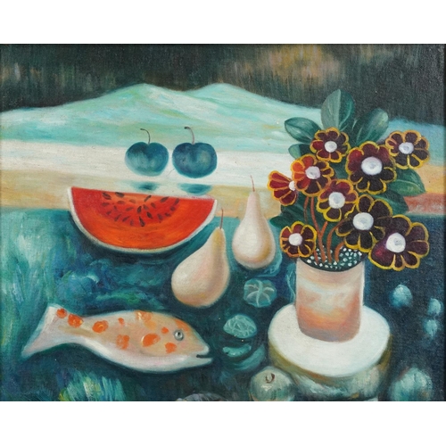 3477 - Still life flowers and objects, Modern British school oil on canvas, gilt framed, 50cm x 40cm