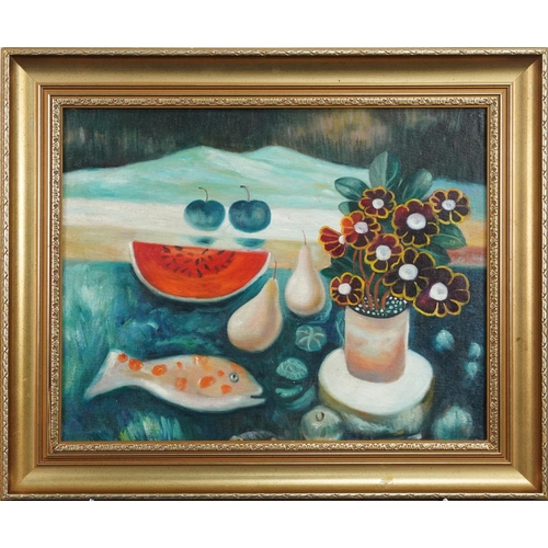 3477 - Still life flowers and objects, Modern British school oil on canvas, gilt framed, 50cm x 40cm