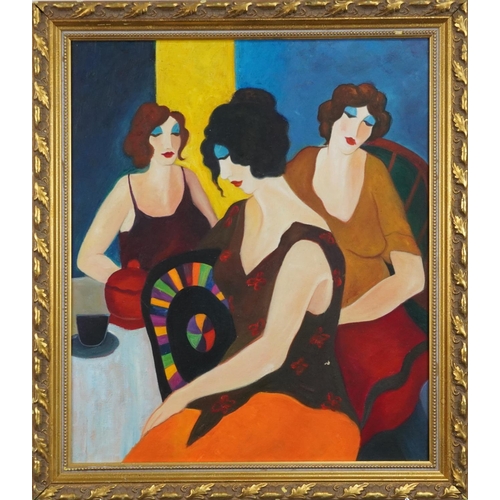 3476 - Three seated females, European Impressionist oil on board, gilt framed, 57cm x 48cm