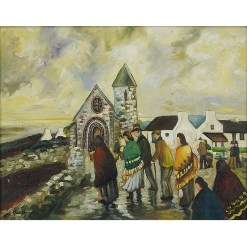 3475 - Manner of Markey Robinson - Figures before a church, Irish school oil on board, framed, 49cm x 39cm