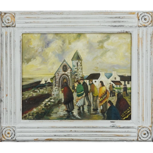 3475 - Manner of Markey Robinson - Figures before a church, Irish school oil on board, framed, 49cm x 39cm