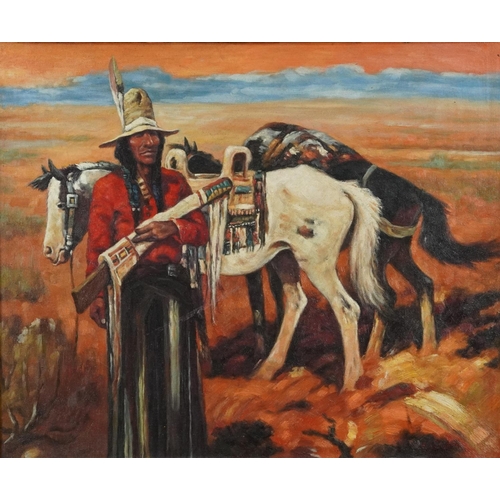 3463 - Native American with horse, Native American school oil on board, framed, 60cm x 49cm