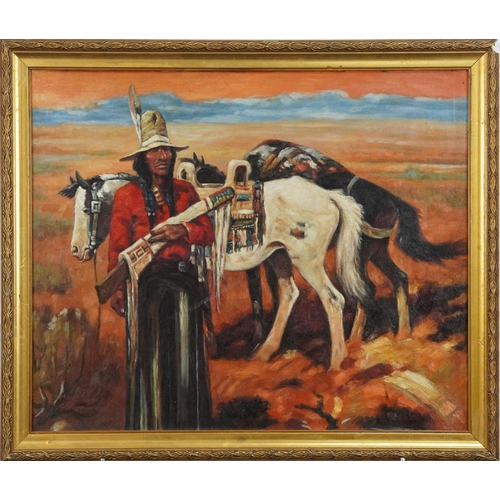 3463 - Native American with horse, Native American school oil on board, framed, 60cm x 49cm