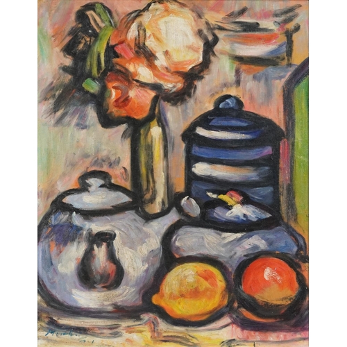 3462 - Still life objects, Impressionist oil on board, framed, 59cm x 46cm