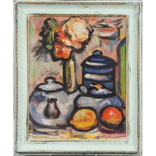 3462 - Still life objects, Impressionist oil on board, framed, 59cm x 46cm