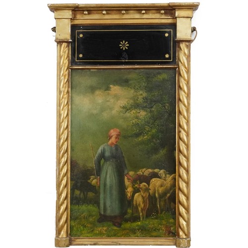 3461 - Shepherdess with sheep, French school oil on board, gilt framed, overall 86cm x 53cm