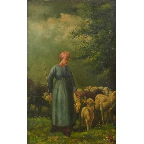 3461 - Shepherdess with sheep, French school oil on board, gilt framed, overall 86cm x 53cm