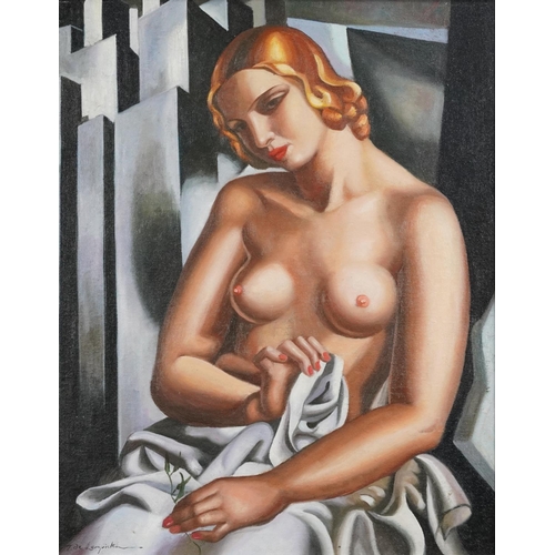 3460 - Manner of Tamara de Lempicka - Nude female top half portrait, oil on board, framed, 49cm x 39cm