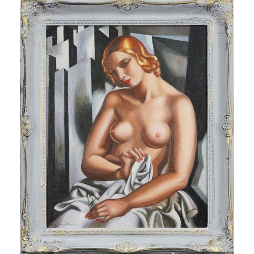 3460 - Manner of Tamara de Lempicka - Nude female top half portrait, oil on board, framed, 49cm x 39cm