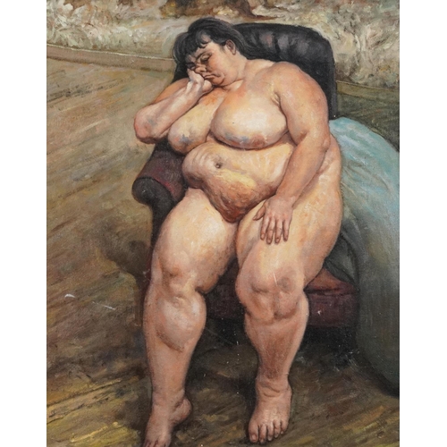 3459 - After Lucian Freud - Nude female seated on a chair, oil on board, framed, 49cm x 39cm