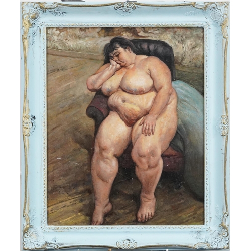 3459 - After Lucian Freud - Nude female seated on a chair, oil on board, framed, 49cm x 39cm