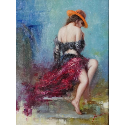 3571 - Manner of Pino - Semi nude female, French Impressionist oil on board, framed, 40cm x 29.5cm