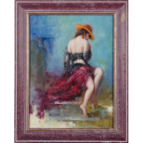 3571 - Manner of Pino - Semi nude female, French Impressionist oil on board, framed, 40cm x 29.5cm