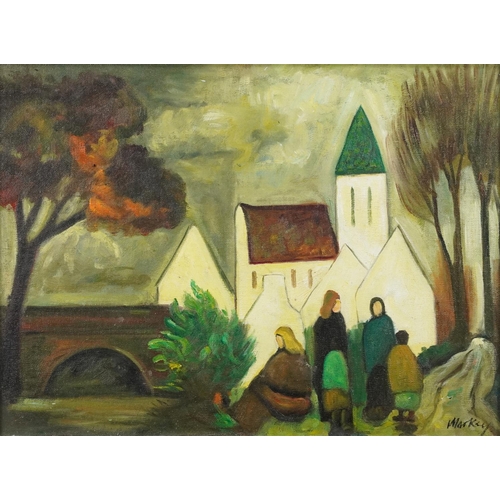 3572 - Manner of Markey Robinson - Figures before buildings, Irish school oil on board, framed, 40cm x 29cm