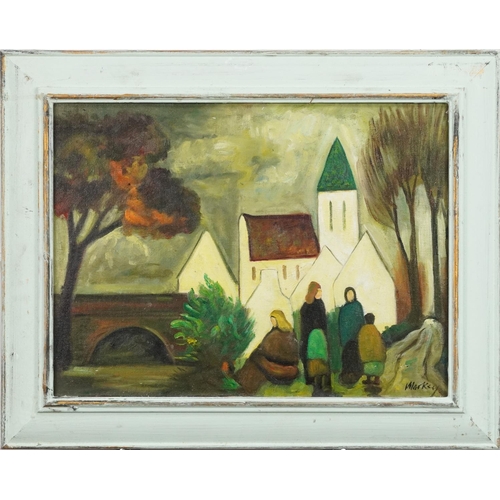 3572 - Manner of Markey Robinson - Figures before buildings, Irish school oil on board, framed, 40cm x 29cm