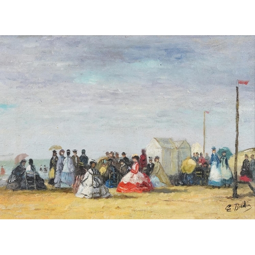 3573 - Manner of Boudin - Busy street scene, French impressionist oil on board, gilt framed, 36cm x 26cm