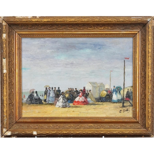 3573 - Manner of Boudin - Busy street scene, French impressionist oil on board, gilt framed, 36cm x 26cm