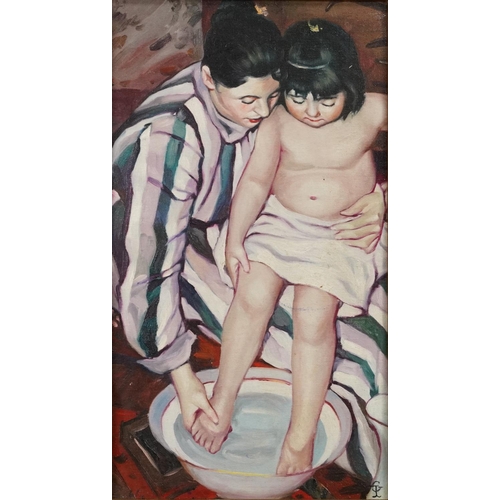 3626 - Mother washing child's feet, French Impressionist oil on board, gilt framed, 43cm x 24cm