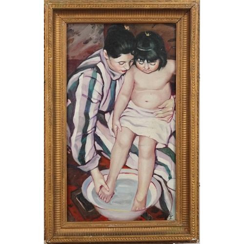 3626 - Mother washing child's feet, French Impressionist oil on board, gilt framed, 43cm x 24cm