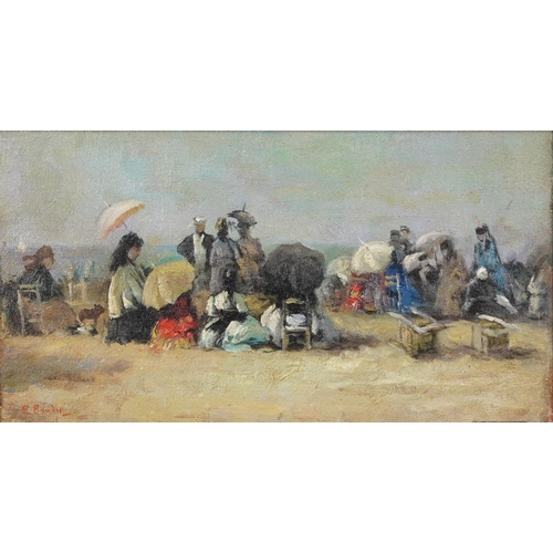 3627 - Manner of Boudin - Busy beach scene, French Impressionist oil on board, gilt framed, 42cm x 22cm