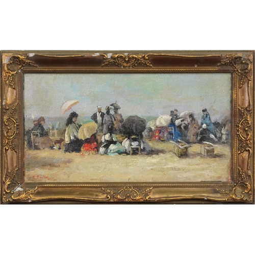 3627 - Manner of Boudin - Busy beach scene, French Impressionist oil on board, gilt framed, 42cm x 22cm