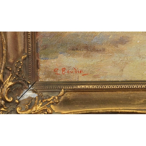 3627 - Manner of Boudin - Busy beach scene, French Impressionist oil on board, gilt framed, 42cm x 22cm