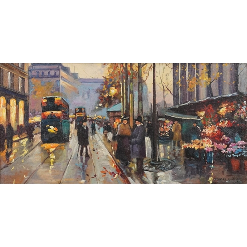 3628 - Parisian street scene, French Impressionist oil on board, gilt framed, 50cm x 24cm