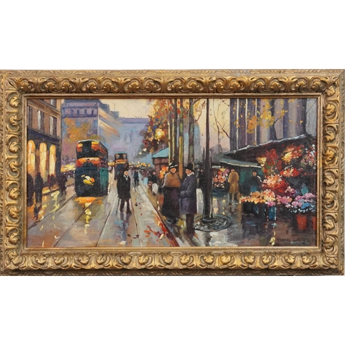 3628 - Parisian street scene, French Impressionist oil on board, gilt framed, 50cm x 24cm