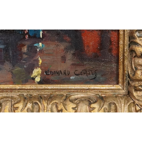 3628 - Parisian street scene, French Impressionist oil on board, gilt framed, 50cm x 24cm