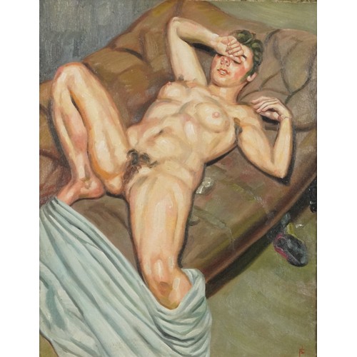 3455 - Manner of Lucian Freud - Reclining female nude, oil on canvas, gilt framed, 50cm x 40cm